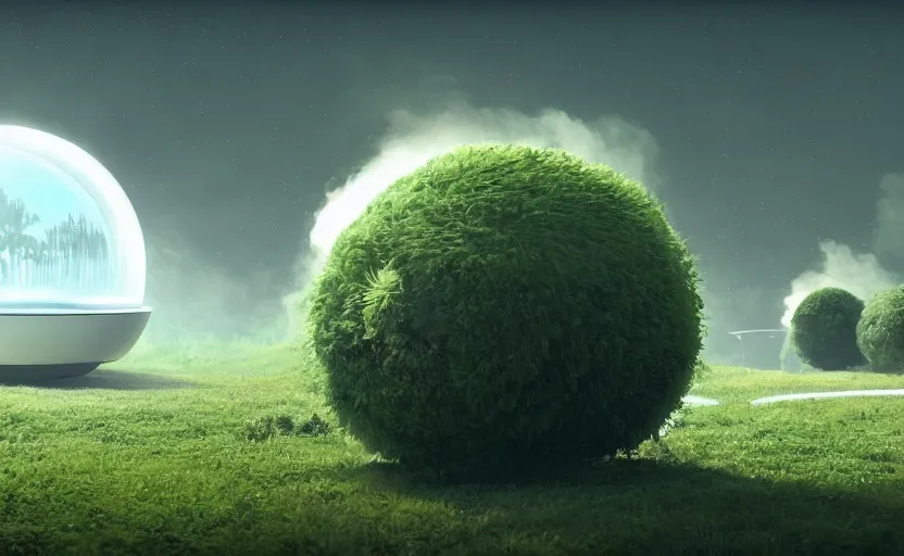 Image similar to a spherical car driving down the road, t - rex and humans dancing in the background, smoky, green hills, many interstellar plants, futuristic concept design, airy landscape, high detail rendering by octane, unreal engine, 8 k, cinematic grade.