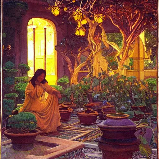 Image similar to Old African gardener cutting bonsai trees, isyllic Garden, by Annie Swynnerton and Nicholas Roerich and jean delville, glowing paper lanterns, strong dramatic cinematic lighting , ornate tiled architecture, lost civilizations, smooth, sharp focus, extremely detailed