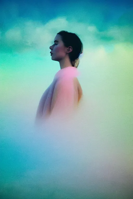 Image similar to high quality pastel coloured film close up wide angle photograph of a model wearing clothing swimming on cloud furniture in a icelandic black rock!! environment in a partially haze filled dreamstate world. three point light, rainbow. photographic production. art directed. pastel colours. volumetric clouds. pastel gradient overlay. waves glitch artefacts. extreme facial clarity. 8 k. filmic.