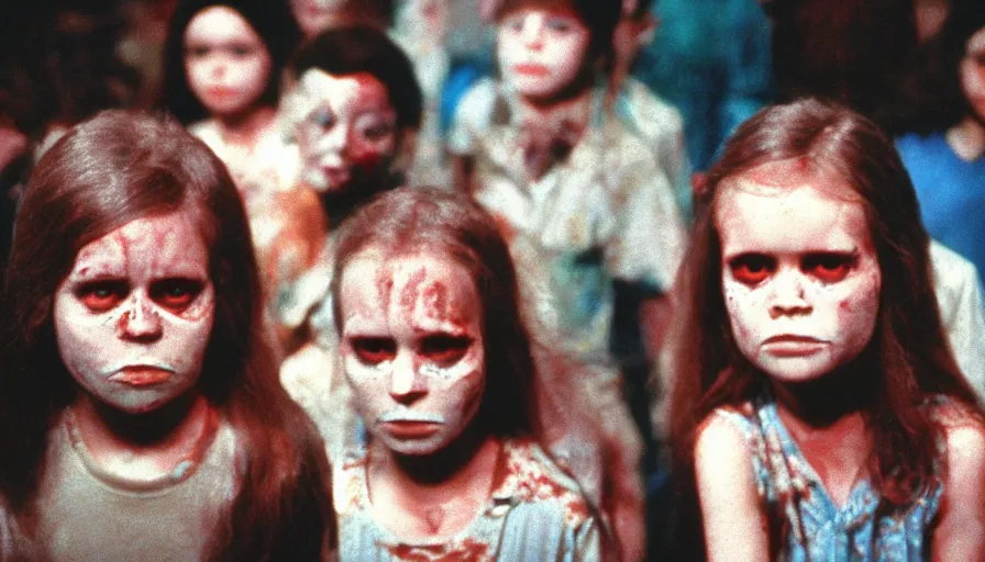 Prompt: 7 0 s film still from a horror movie about kids with skulls for heads, kodachrome, cinecolor, cinestill, film grain, film texture, retro, cinematic, high resolution, photorealism,