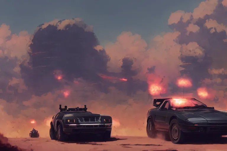 Prompt: 2 0 0 1 space odyssy diesepunk toyota mr 2 mad max speeding through a fuel depot chase under fire by greg rutkowski makoto shinkai takashi takeuchi studio ghibli, akihiko yoshida