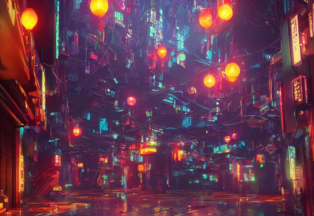 Prompt: a futuristic cyberpunk japanese izayaka alley with neon lights and lanterns, soft glow, intricate, cybernetic, viewed at 3 / 4 angle, trending on artstation, octane render, unreal engine, colorful, in the style of chris foss, rodger dean, moebius, michael whelan, and gustave dore