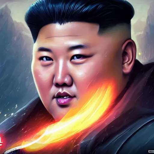 Image similar to portrait of kim - jong un as a spellcaster and mage, league of legends amazing splashscreen artwork, splash art, natural light, elegant, photorealistic facial features, intricate, fantasy, detailed face, atmospheric lighting, anamorphic lens flare, cinematic lighting, league of legends splash art, hd wallpaper, ultra high details by greg rutkowski