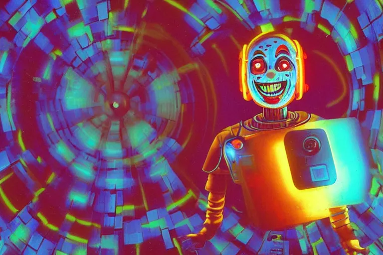 Prompt: friendly and kind robo - clown emerging from a space portal in cyberspace, fractaling outwards, in 1 9 8 5, y 2 k cutecore clowncore, bathed in the glow of a crt television, crt screens in background, low - light photograph, in style of tyler mitchell