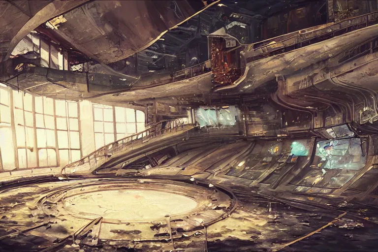 Image similar to A beautiful painting of inside in abandoned rusty space station from kindzadza, Trending on artstation.