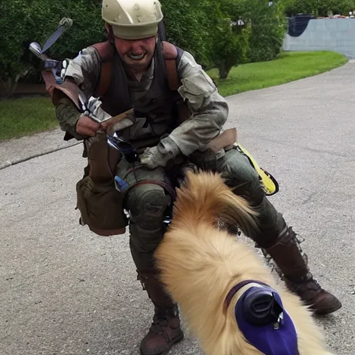 Prompt: a human riding to war on the back of his sheltie dog