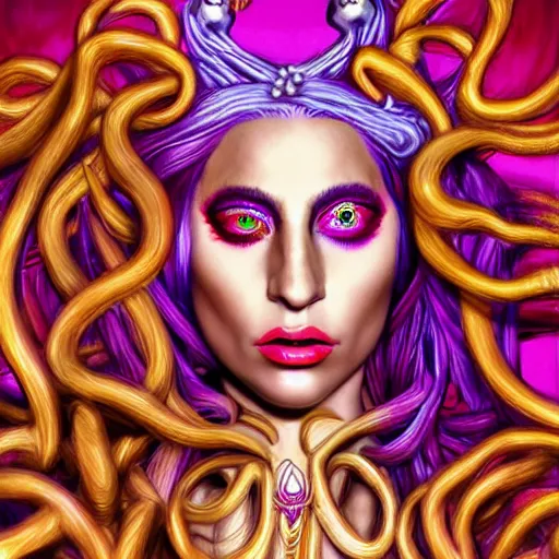Image similar to an extremely psychedelic portrait of lady gaga as medusa, surreal, lsd, face, detailed, intricate, elegant, lithe, highly detailed, digital painting, artstation, concept art, smooth, sharp focus, illustration,