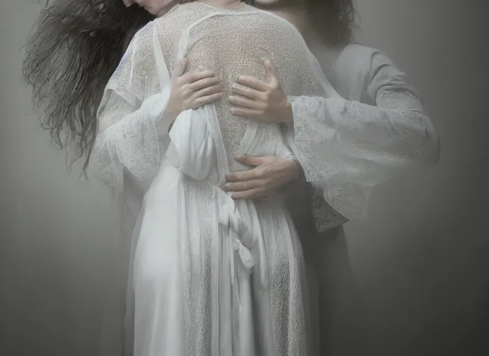 Prompt: jesus hugging a woman from behind, spirit hugs, in style of paolo roversi, britt marling style 3 / 4, long hair, a beautiful ethereal lace white robe, 8 k, soft focus, soft light, volumetric lighting, highly detailed realistic, refined, highly detailed, natural outdoor soft pastel lighting colors scheme