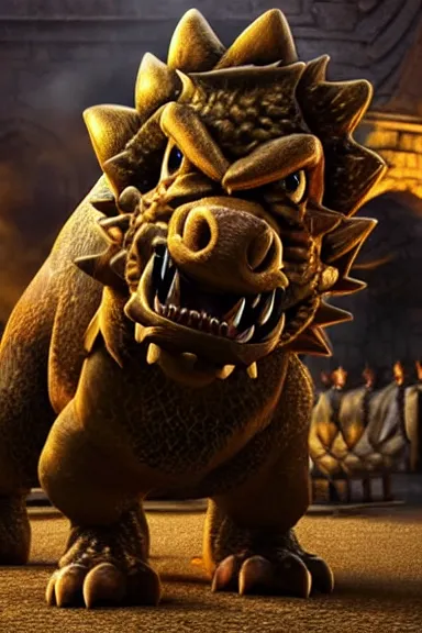 Image similar to very very intricate photorealistic photo of bowser in an episode of game of thrones, photo is in focus with detailed atmospheric lighting, award - winning details