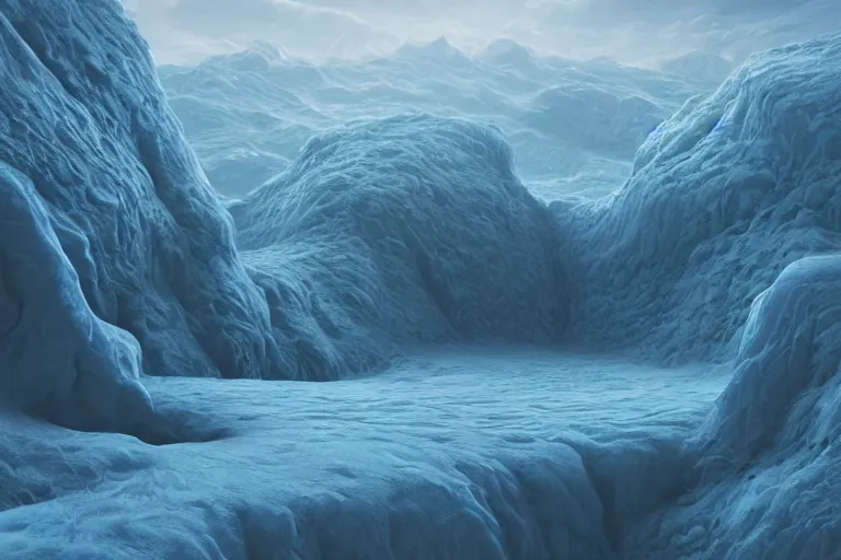 Prompt: a hd render of a surreal frozen landscape, by beeple and zdzisław beksinski, blue color scheme