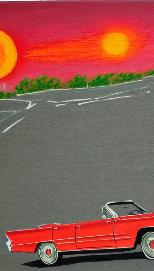 Image similar to 1 9 6 3 red cadillac convertible in the distance driving down empty highway into an orange sunrise, oil pastel, high detail, realistic, vintage, surreal