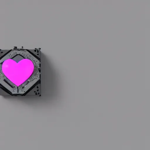 Image similar to the companion cube with the pink heart, floating in space, with destroyed satellite debris, ZBrush, Maya, Unreal Engine