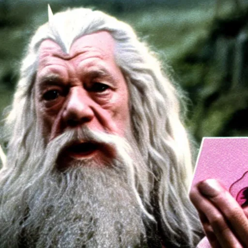 Image similar to portrait of gandalf, pink bowtie in his long white hair, holding a blank playing card up to the camera, movie still from the lord of the rings