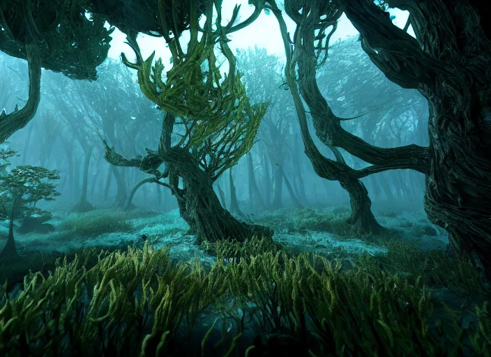 Image similar to underwater forrest. Intricate. Very detailed 8k. Fantasy horror. Sharp. Cinematic post-processing. Unreal engine. Nanite. Ray tracing. Parallax. Tessellation