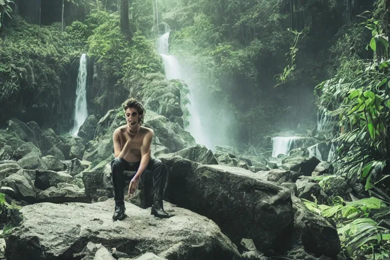 Image similar to movie closeup young man with a grey beard in a cyberpunk suit sitting on a futuristic chair at the edge of a jungle waterfall by emmanuel lubezki