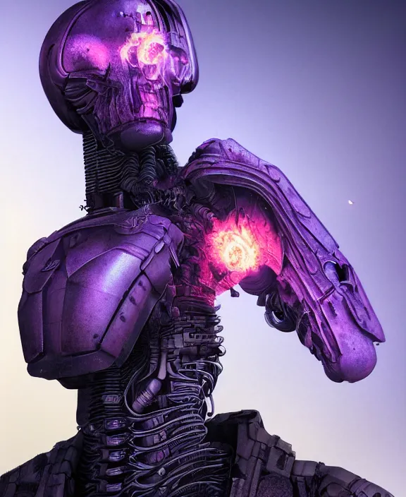 Image similar to an upper body portrait of a cyborg soldier burning with purple fire, by hr giger and beksinski and stephan martiniere, 4 k resolution, detailed, 3 d render, unreal engine, octane render, trending on artstation