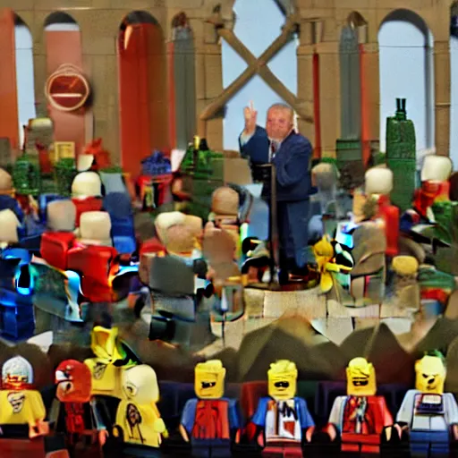 Image similar to a picture of a pastor preaching to his congregation, in the style of LEGO, standing behind a puplit highly detailed