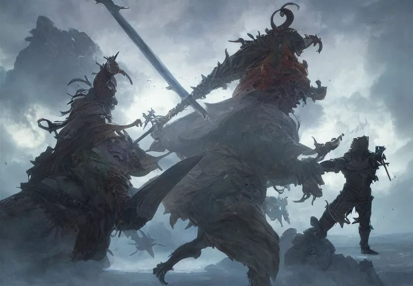 Image similar to a dynamic sword fight scene, a giant white fat monstrosity fighting a medieval sorcerer, matte painting, dynamic, colourful, by by artgerm and greg rutkowski and ruan jia