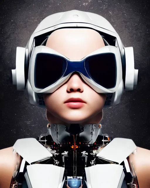 Image similar to centered portrait photo by leonardo da vinci of soulful girl as a cyberpunk mecha humanoid robotic parts wearing goggles with bright lights, holding a pudica pose, inside white room, ultra - realistic and detailed, 8 k