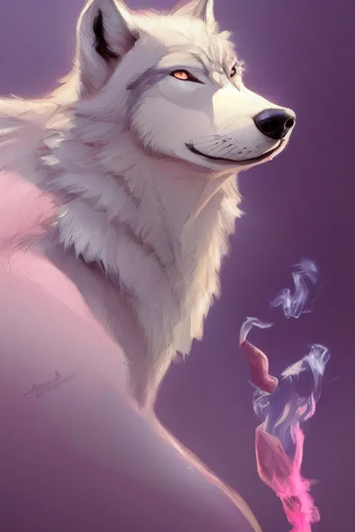 Prompt: realistic antropomorphic wolf wearing pink shirt and smoking cigarette, digital painting, artstation, concept art, smooth, sharp focus, illustration, art by artgerm, james jean, jean giraud, edward hopper, gaston bussiere and greg rutkowski