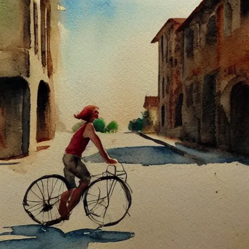 Image similar to person riding a bike on a hot summer day, watercolor painting, morandi color palette, very beautiful masterpiece by a very talented artist, extremely detailed stunning, dreamy, melancholy , poetic, nostalgic
