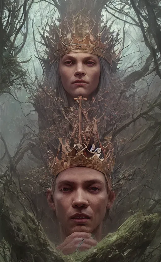 Prompt: eleven king gives away the forest crown to the prince, symmetrical face features, front game card, drark, marvel comics, dark, intricate, highly detailed, smooth, artstation, digital illustration by ruan jia and mandy jurgens and artgerm and wayne barlowe and greg rutkowski and zdislav beksinski