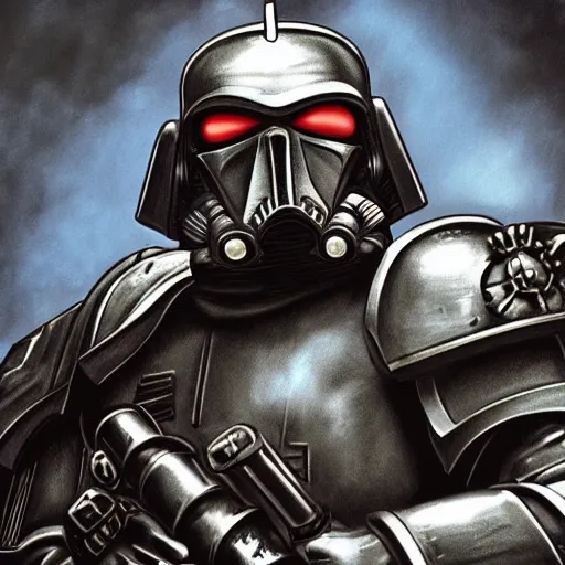 Image similar to space marine from warhammer 40000 in the style of Darth Vader from star wars, realism, depth of field, focus on darth vader,