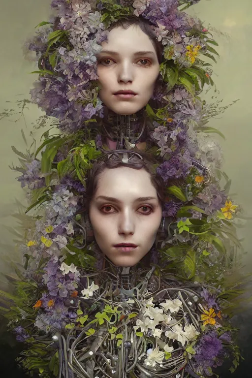 Image similar to a beautiful fine art portrait photo of a robot female cyborg, spread out curly hair covered by hibiscus, daffodils, hydrangea, montsera leaves by tom bagshaw and zach sutton, very detailed, bionic, cybernetic scifi, artstation, 8 k