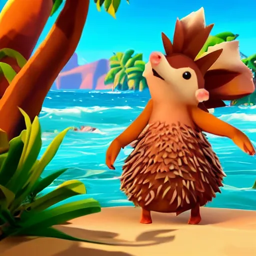 Image similar to hedgehog in a bikini in sea of thieves, hedgehog wearing a bikini, cute, colourful, happy, adorable, funny