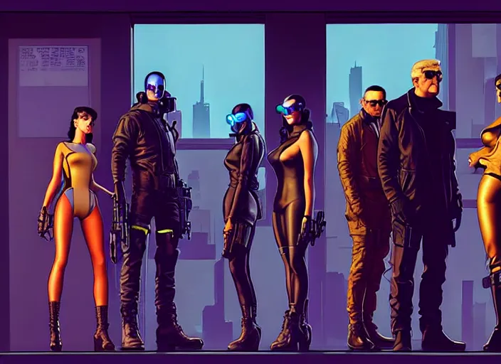 Image similar to cyberpunk spy squad. portrait by stonehouse and mœbius and will eisner and gil elvgren and pixar. character design. realistic proportions. cyberpunk 2 0 7 7 character art, blade runner 2 0 4 9 concept art. cel shading. attractive face. thick lines. the team. diverse characters. artstationhq.