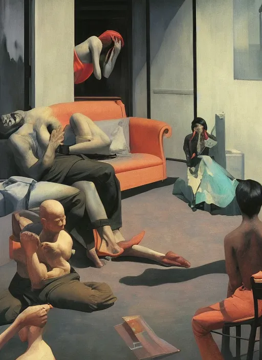 Image similar to the disinvention of time, liberation, by edward hopper and james gilleard, zdzislaw beksinski, open ceiling, highly detailed, black people, painted by francis bacon, painted by james gilleard, surrealism, airbrush, ilya kuvshinov, wlop, stanley artgerm, very coherent, art by takato yamamoto and james jean