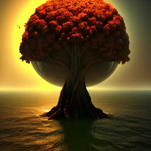 Image similar to a god tree from which hang planets or galaxies instead of fruits, the tree is on top of a calm sea. fantasy art, horror, photo realistic, dynamic lighting, artstation, poster, volumetric lighting, very detailed faces, 4 k, award winning