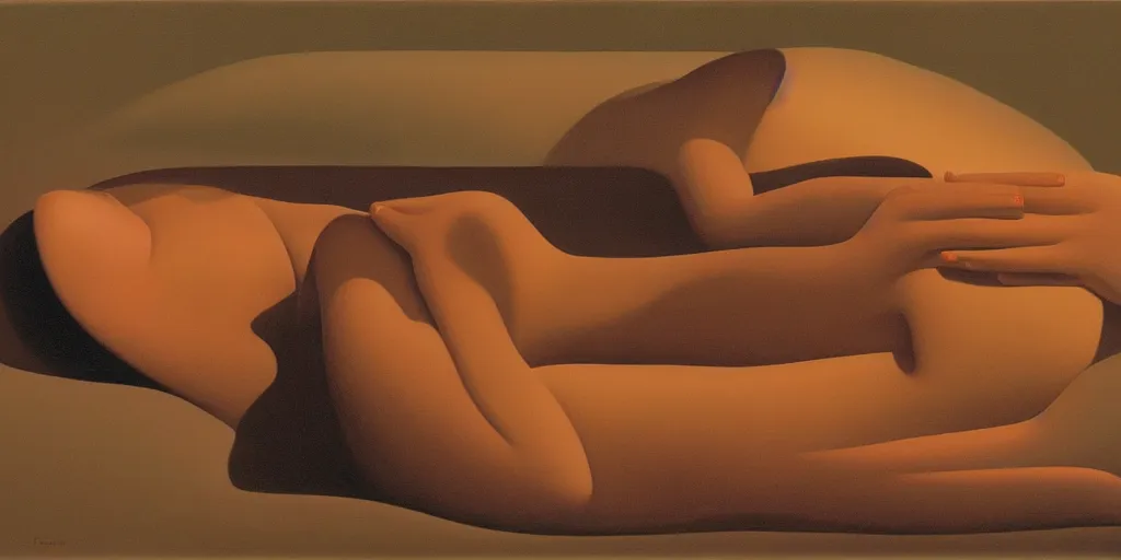 Prompt: sleeping lady in a dark room in heatwave, oil painting by george tooker