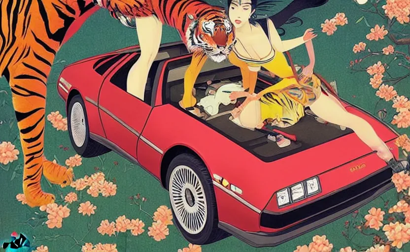 Image similar to a red delorean and a yellow tiger, art by hsiao - ron cheng and utagawa kunisada, magazine collage, # e 5 3 7 1 b, # e 4 e 6 2 0, # de 9 5 f 0,