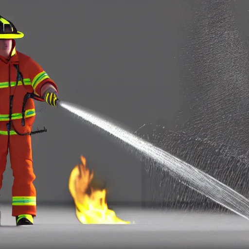 Image similar to a 3d render of a fireman spraying fire out of a hose into a lake