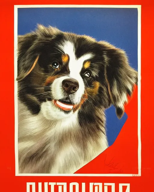 Image similar to soviet propaganda poster of an australian shepherd soldier, soviet art