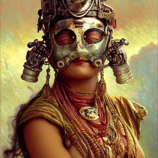 Image similar to detailed full body of hindu traditional woman blindfolded by high - tech steam punk face armour, girl graceful,, painting by gaston bussiere, craig mullins, j. c. leyendecker, lights, art by ernst haeckel, john william godward, hammershøi,,