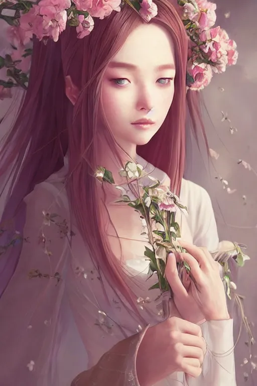 Image similar to romantic and fashion and love princess of the flower with sheath dress, 8 k realistic, teenager girl, baroque, symmetrical, flowing hair, smile, trending pinterest and pixiv, muted colors, hyperrealistic, l close up shot, character concept art, face by kyoung hwan kim, alexandra fomina, ilya kuvshinov