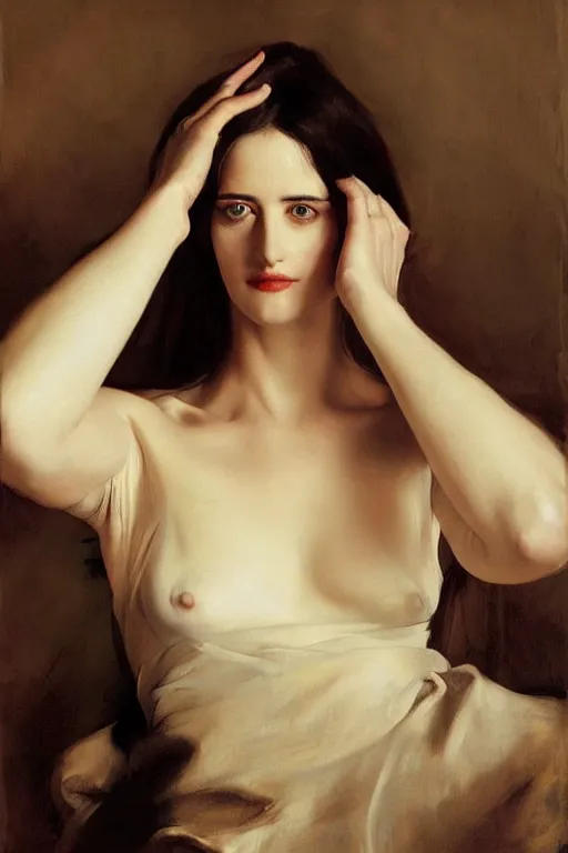 Image similar to beautiful oil matte portrait painting, eva green posing langourously, art by anders zorn, wonderful masterpiece highly detailed, beautiful cinematic light deep focus, elegant, digital painting, smooth, sharp focus, blue eyes, dramatic illumination, ultra realistic, 8 k, art by artemisia lomi gentileschi and caravaggio