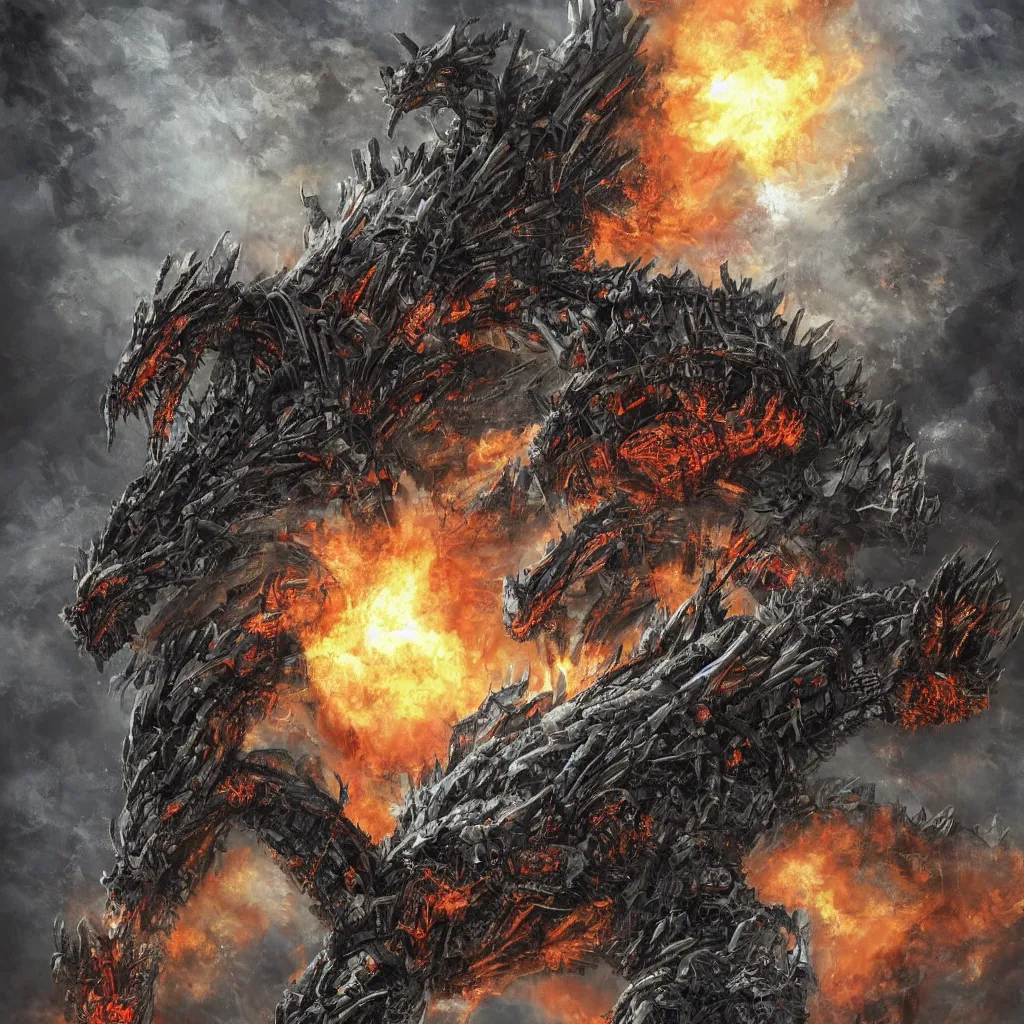 Image similar to high quality art of a mechanized dragon in an apocalyptic future, made of plates and armor throughout the body, having 4 limbs and 4 talons on each foot, and glowing fiery red eyes, climbing over a destroyed building in a hazy radioactive atmosphere, roaring with an epic pose into the air as the building crumbles under the weight, showing lots of sharp teeth. furaffinity, deviantart, artstation, high quality