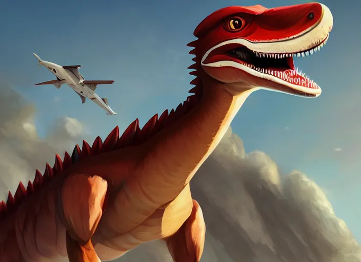 Image similar to character portrait feature of the anthro male anthropomorphic velociraptor fursona wearing airline pilot outfit uniform professional pilot character design stylized by charlie bowater, ross tran, artgerm, and makoto shinkai, detailed, soft lighting, rendered in octane, maldives in background