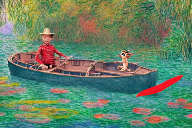 Prompt: animal in a boat floating on a river in the jungle. digital drawing, ultra detailed, cool color palette, wes anderson, claude monet, grickle, puzzle agent, amelie poulain, tim burton, tomm moore