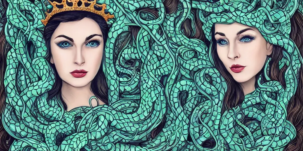 Image similar to queen of snakes, pale blue skin and emerald eyes, wearing a crown of vines