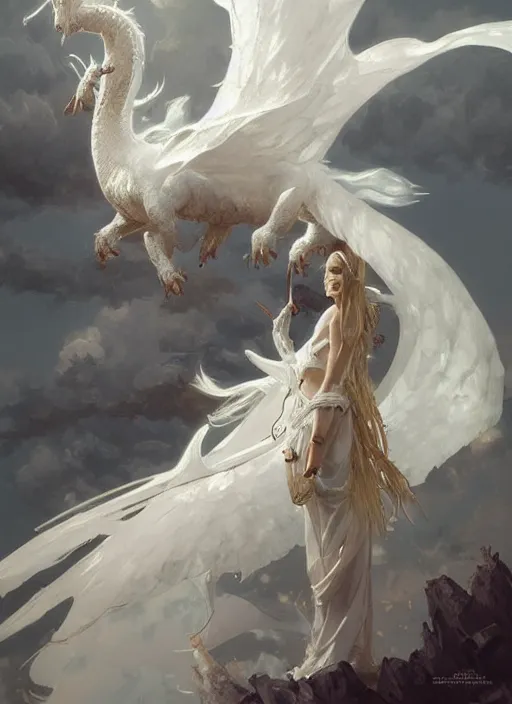 Prompt: an angelic white dragon, highly detailed, digital painting, artstation, concept art, sharp focus, illustration, art by greg rutkowski and alphonse mucha