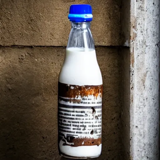 Image similar to bottle of milk, over a rusted metal table inside a jail cell in a slaughterhouse