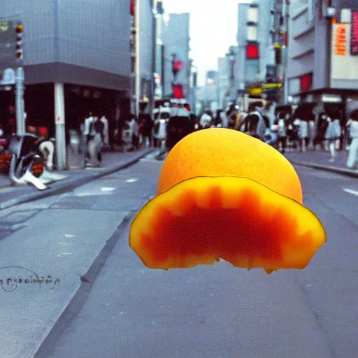 Image similar to a demonic mango attacks downtown tokyo, color photo 3 5 mm, trending, street level view