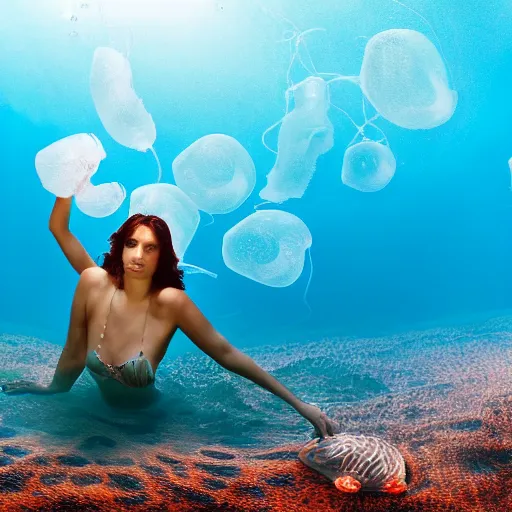 Image similar to masterpiece wide angle portrait of a beautiful woman swimming with jellyfish, dynamic lighting, colored, translucent, national geographic