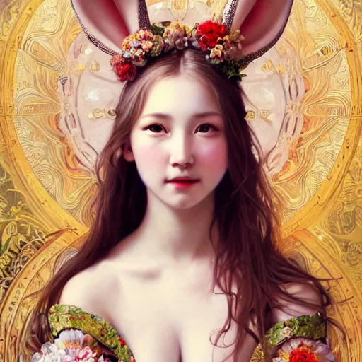 Image similar to a masterpiece ultrarealistic ultradetailed portrait of beautiful girl in bunny costume baroque renaissance. medium shot, intricate, elegant, by stanley artgerm lau, wlop, alphonse mucha, rossdraws, andrei riabovitchev, yoshitaka amano. flower background my james jeand and takashi murakami.