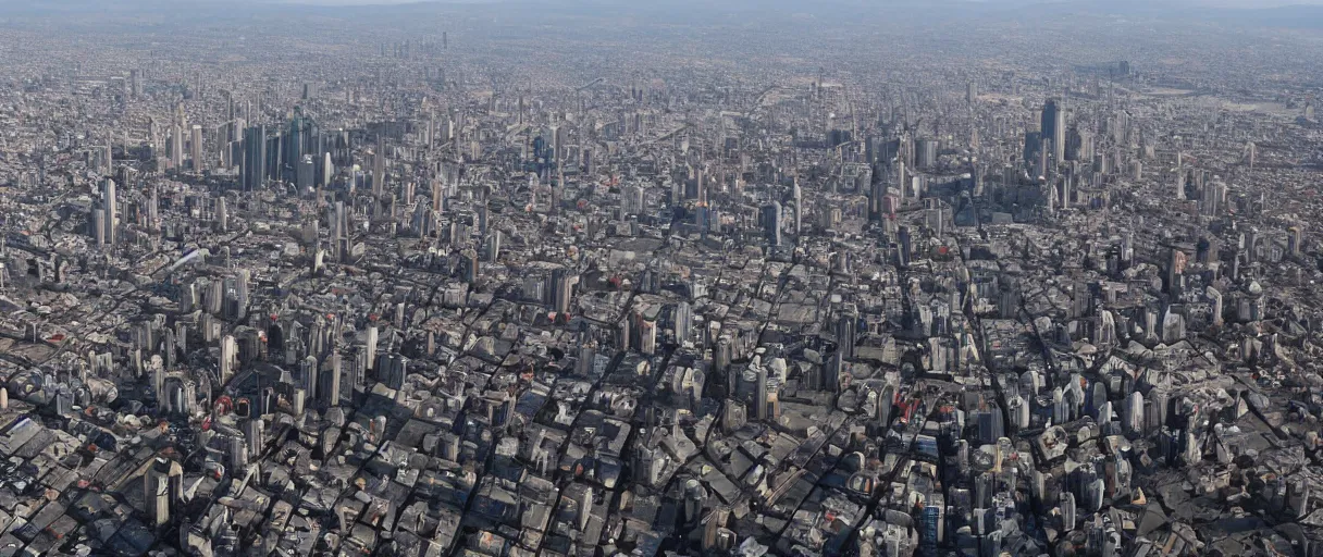 Image similar to a view of a dystopian city surrounded by a humongous wall, from the stratosphere