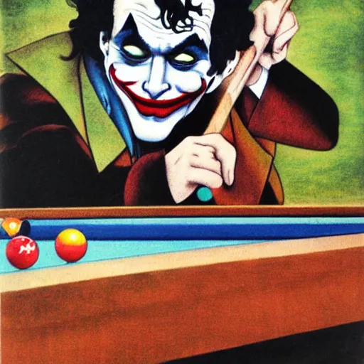 Image similar to the joker playing pool by foujita, tsuguharu, magical realism